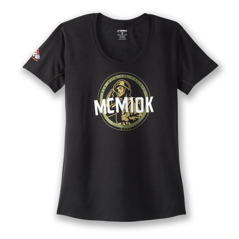 Brooks MCM21 DISTANCE GRAPHIC Short Sleeve Running Shirt Womens Sale - Black/white/Gold 10K (RBM6503